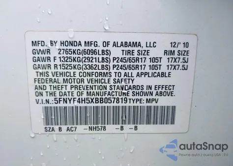2011 Honda Pilot Ex-L from USA, damaged, VIN 5FNYF4H5XBB057819